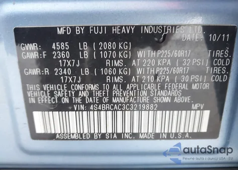 2012 Subaru Outback 2.5I from USA, damaged, VIN 4S4BRCAC3C3219882